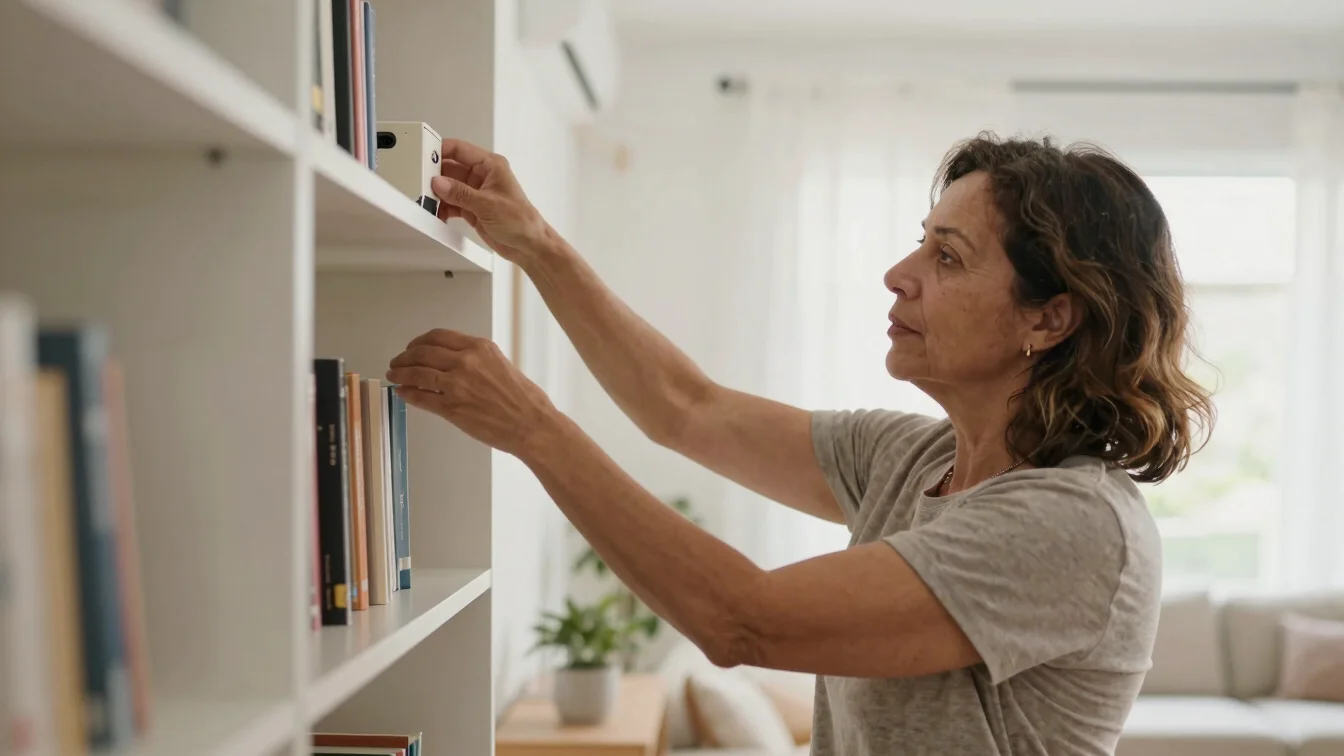 Woman of mature age placing a small household item on a shelf in