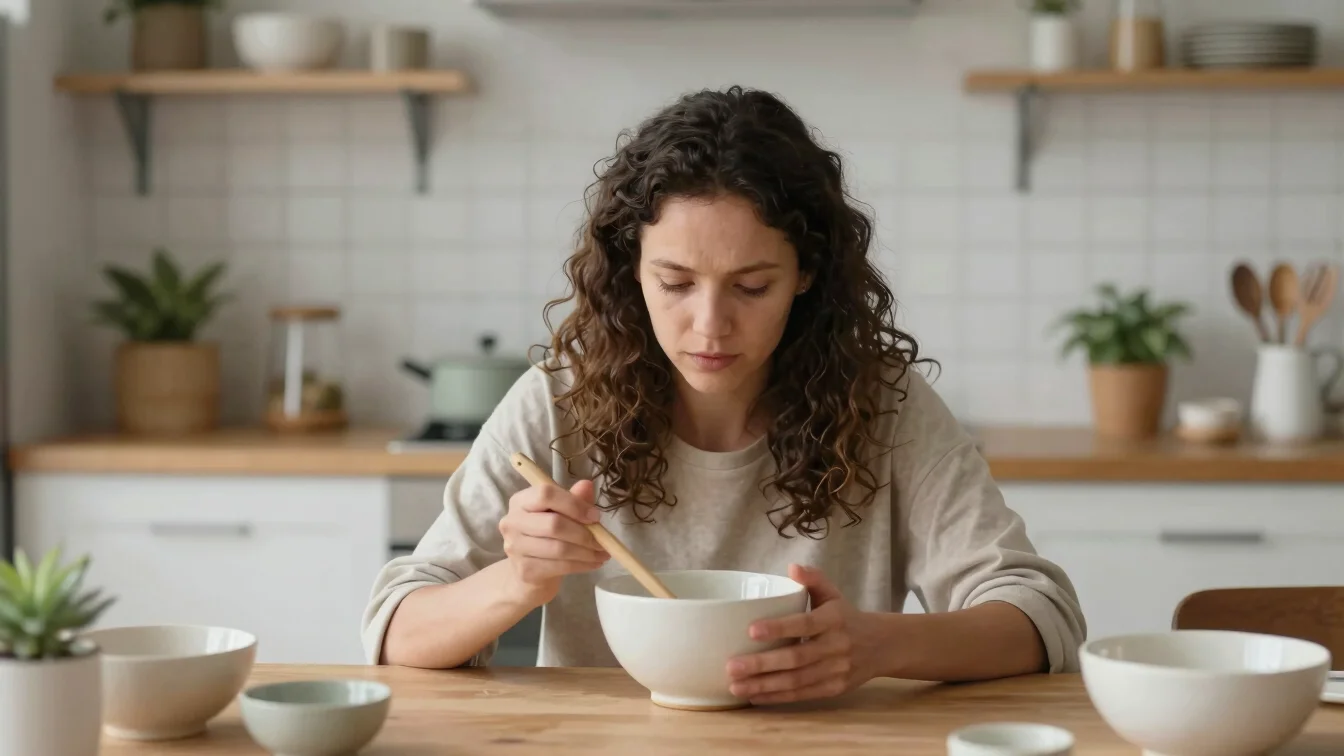 Young woman examining a ceramic kitchen tool at a home table, sof
