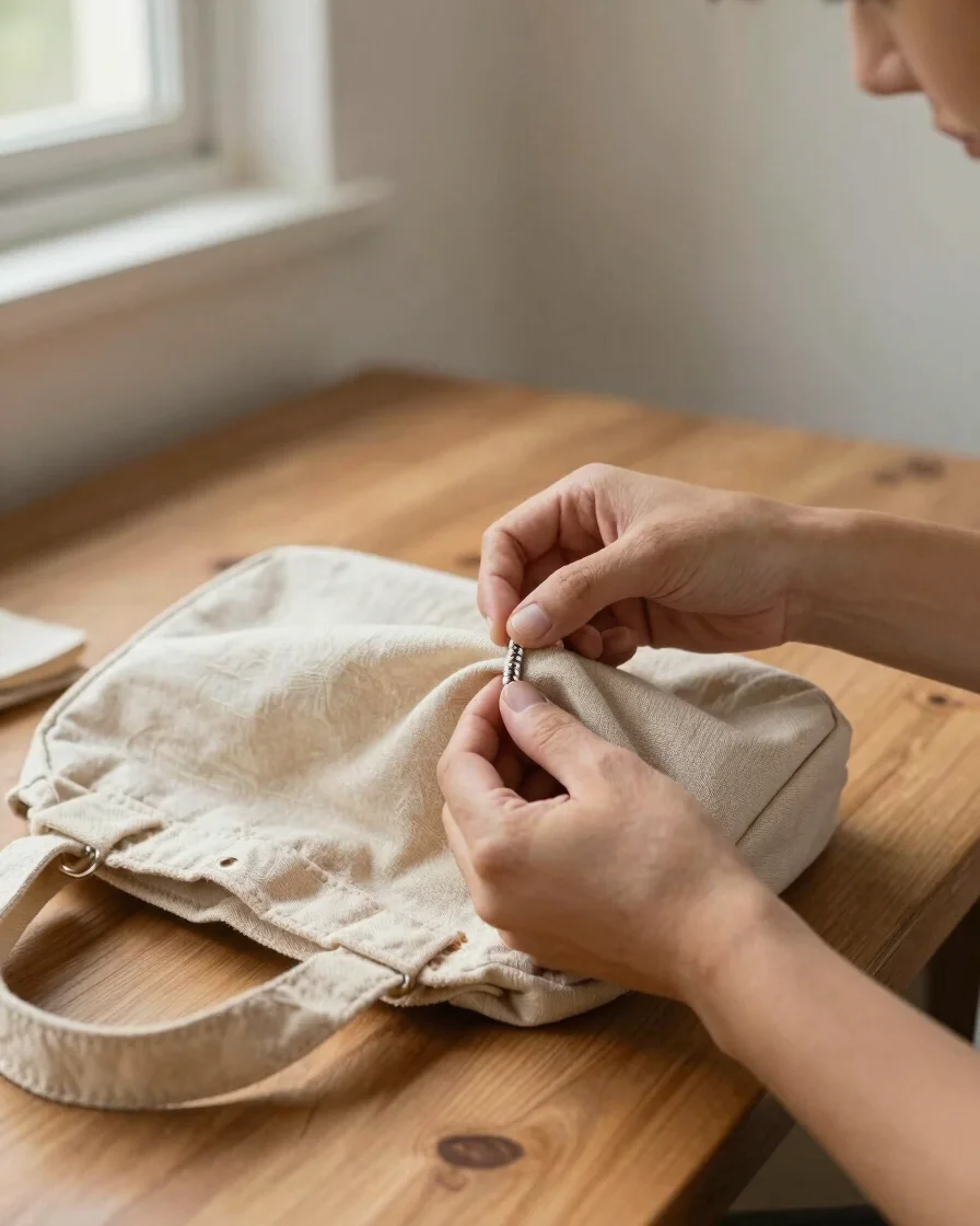 Mãos examinando de perto a costura e o acabamento de uma bolsa de tecido sobre uma mesa de madeira, luz natural suave vi